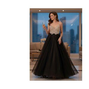 Prom Gown Rhinestone Mesh Beaded Black Formal Dress Glam Sparklecore Fairycore S